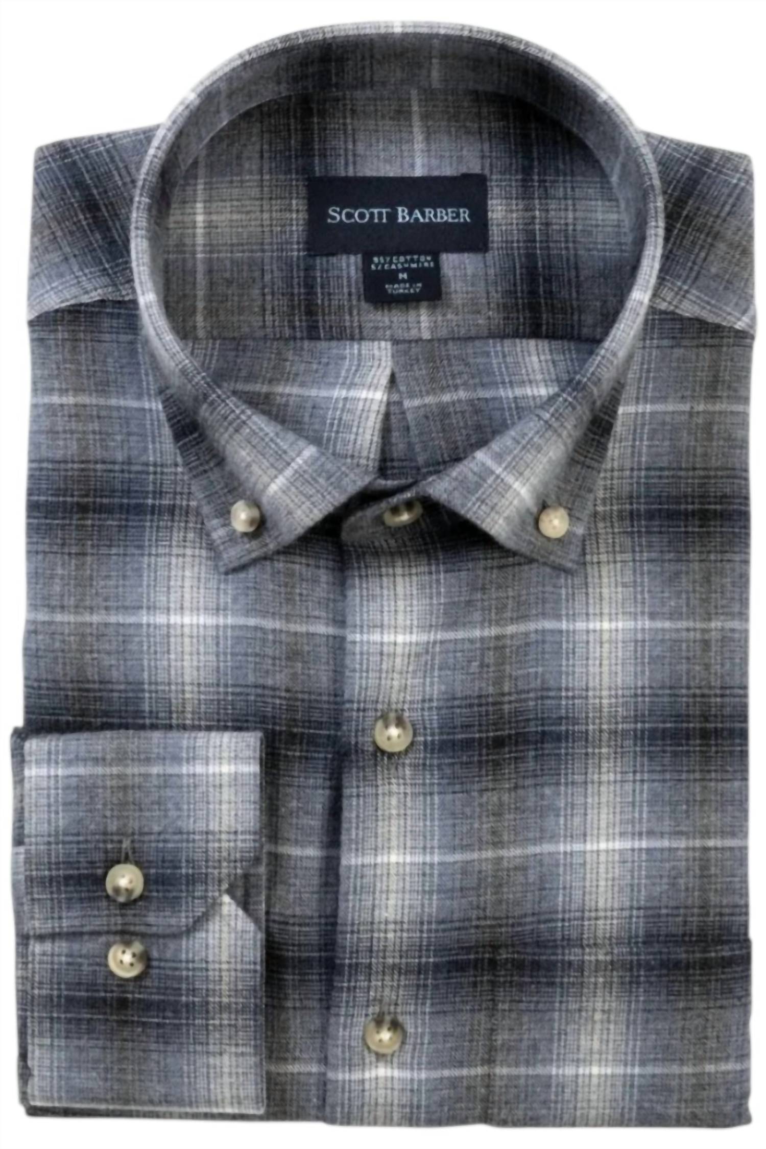 Scott Barber Men's Long Sleeve Ombre Plaid Shirt in navy heather - men's long sleeve top - detail view