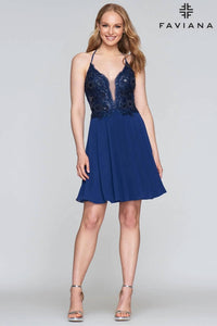 FAVIANA Short Chiffon Illusion Tulle Dress in navy - women's dress - alternate view