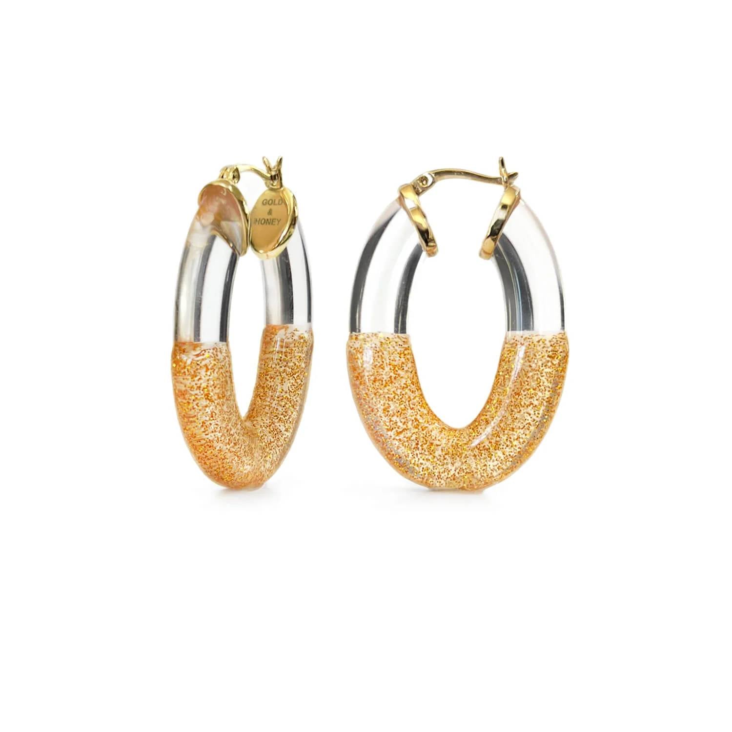 Gold & Honey - Women's Glitter Flat Oval Lucite Hoop Earrings