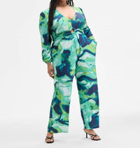 Nina Parker Long-sleeve Ring-detail Jumpsuit - Plus Size in neon marble - women's pants