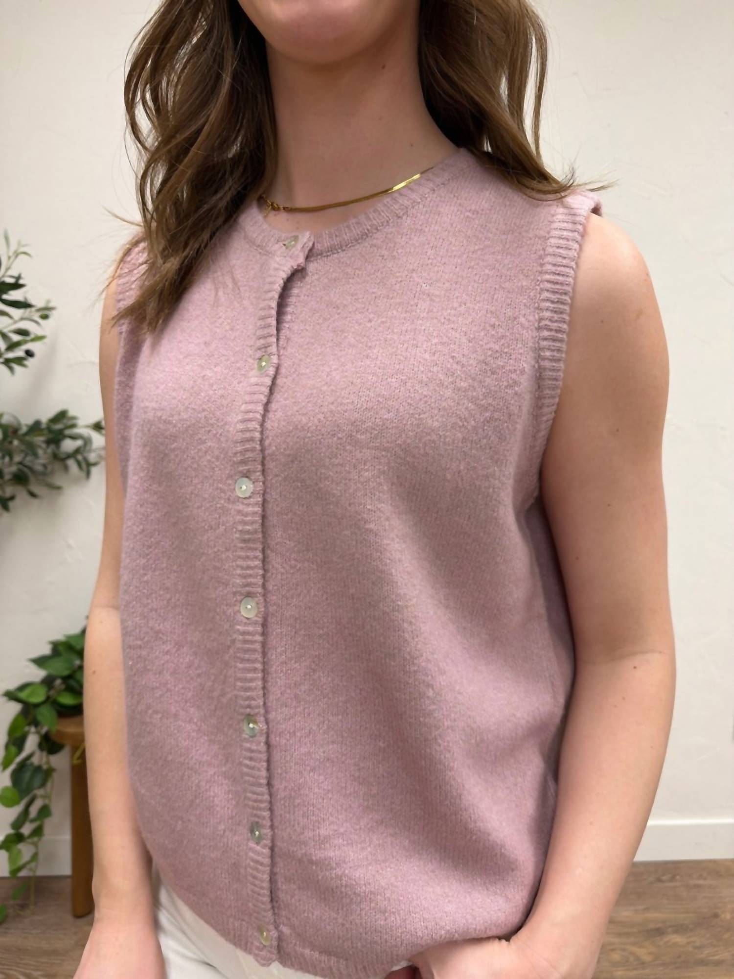 LE LIS Sleeveless Crew Neck Sweater Cardigan in blush - women's cardigan - detail view