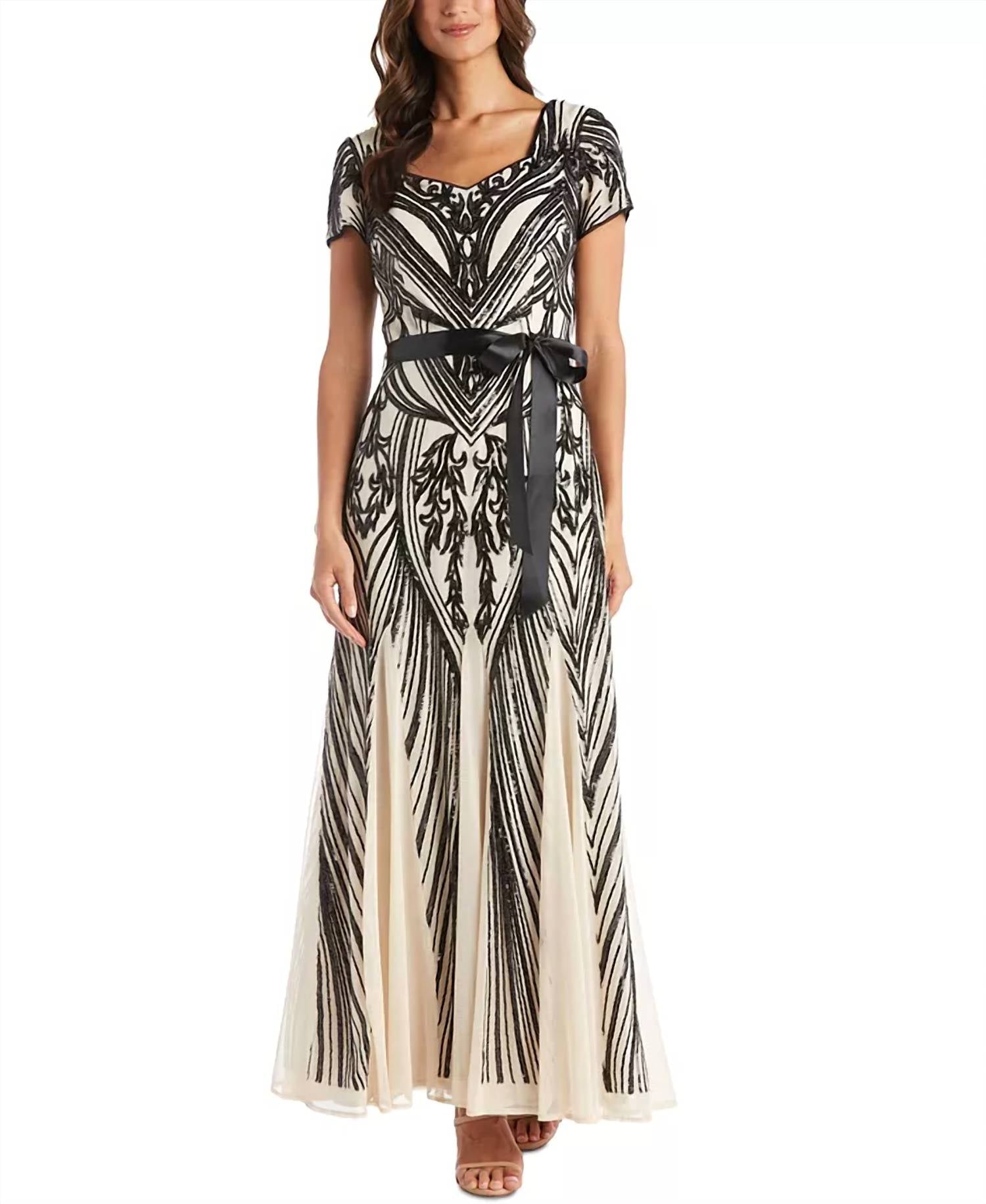R&M Richards - Sequined Belted Maxi Dress