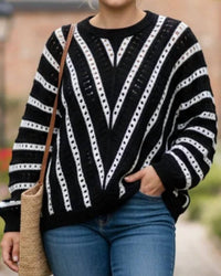 Blu Pepper Crochet Crewneck Sweater in black white - women's sweater - detail view