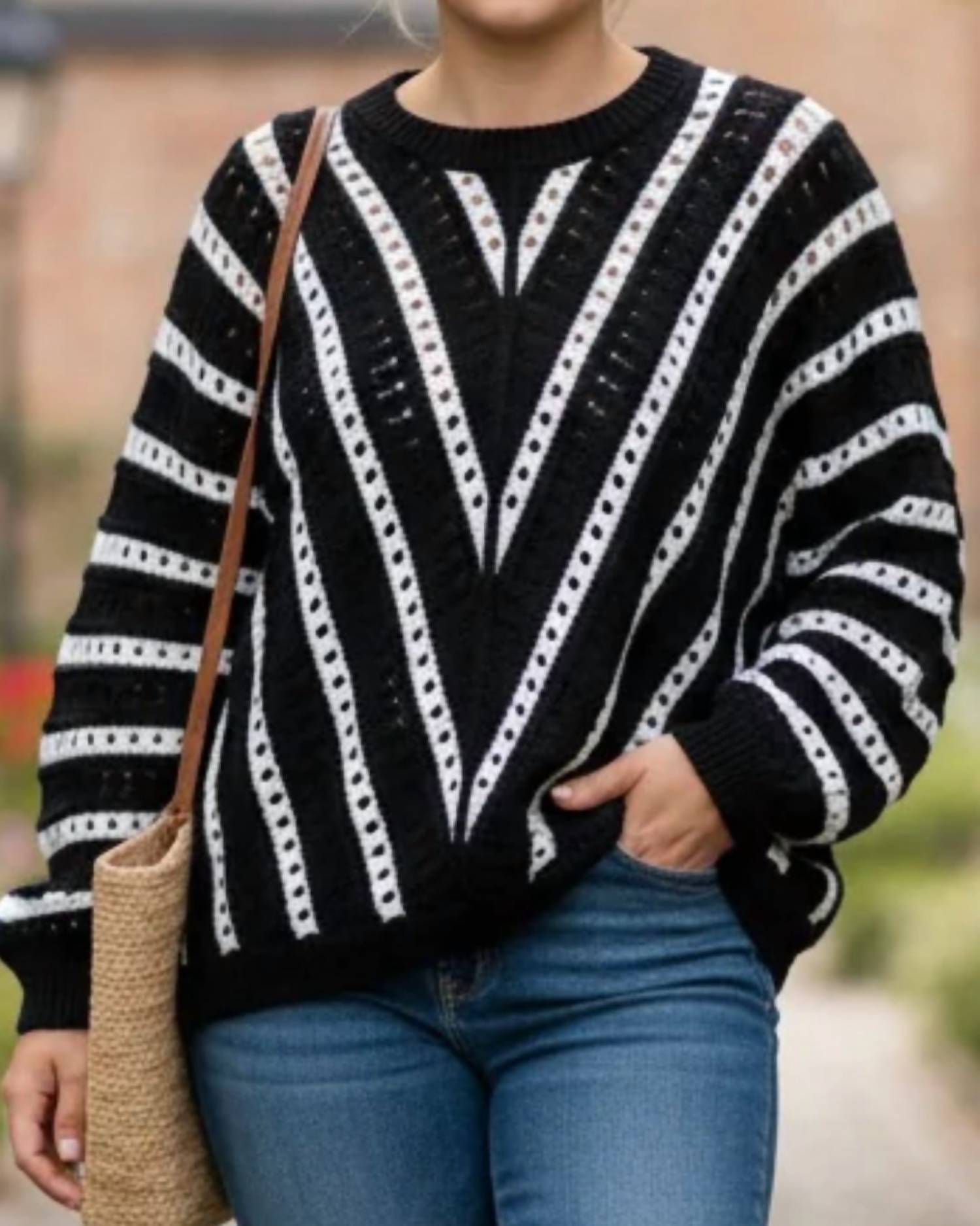 Blu Pepper Crochet Crewneck Sweater in black white - women's sweater - detail view