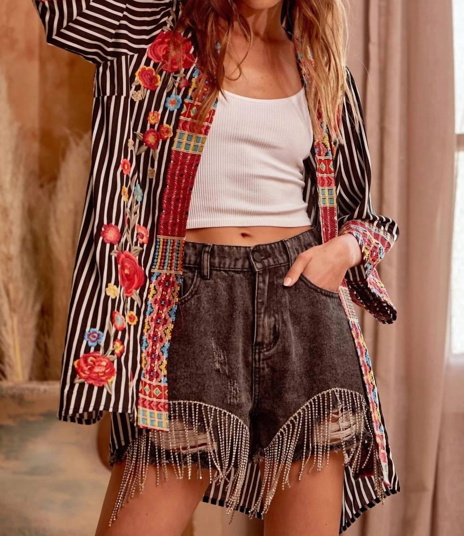 Andree By Unit - Embroidered Striped Cardigan