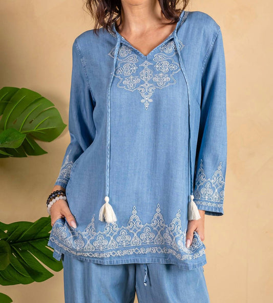 Paparazzi - Embroidered Tencel Long Sleeve Tunic Top