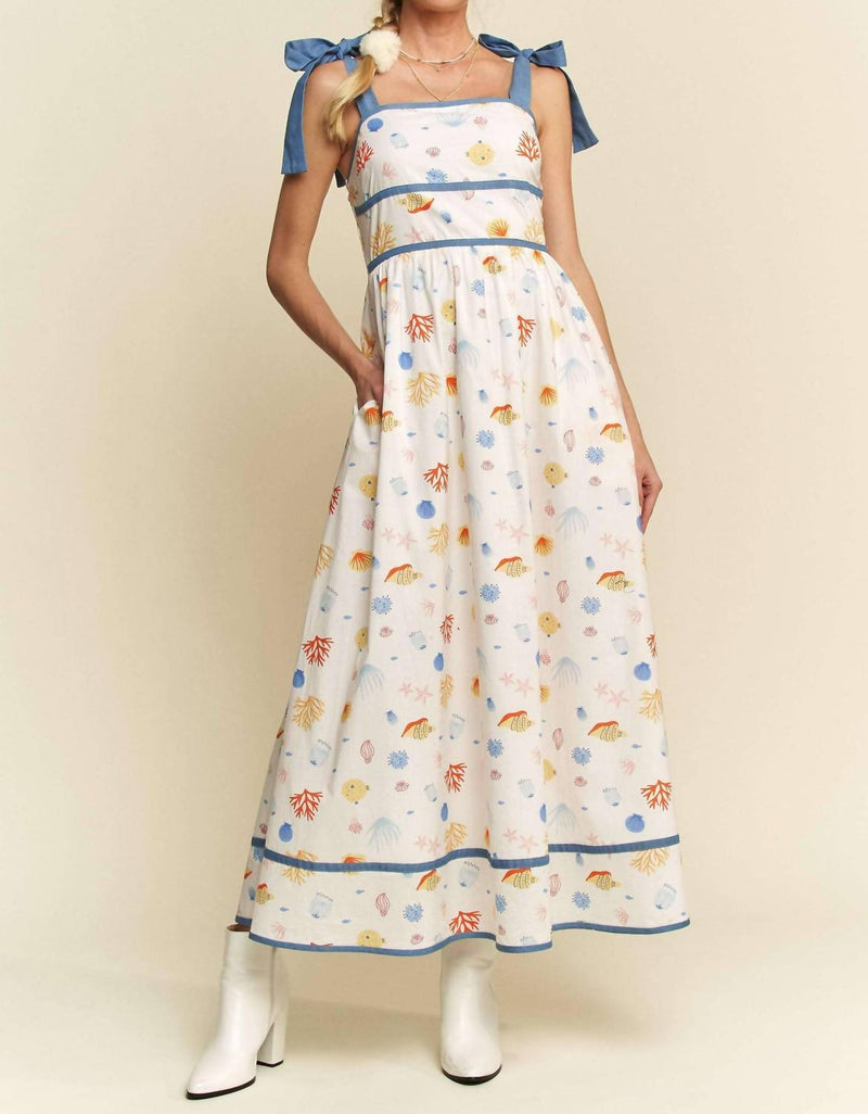 DAVI & DANI Binding Detail Smocking Summer Maxi Dress in denim combo - women's dress