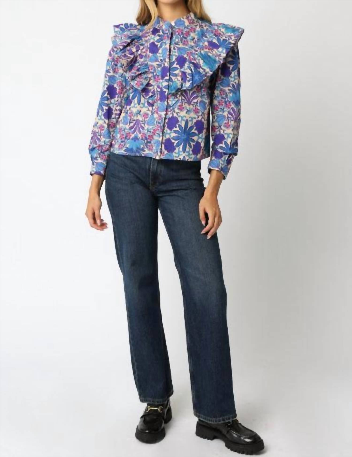OLIVACEOUS Floral Ruffled Button Down Top in purple - women's blouse - detail view