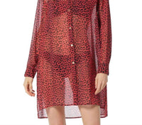 MICHAEL KORS Animal Print Sheer Cover Up Shirt in red - women's swimwear