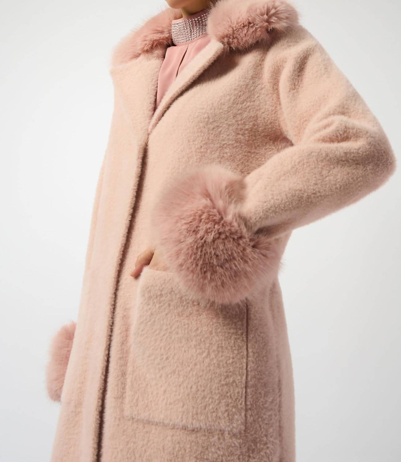 Joseph Ribkoff - Detachable Faux Fur Trim Long Sleeve Coat