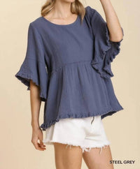 Umgee - Gauze Round Neck Short Bell Sleeve Babydoll Top