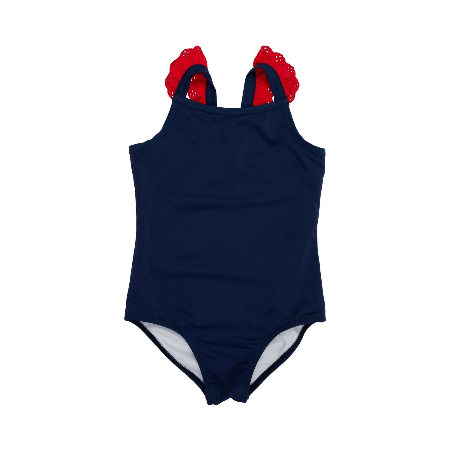 The Beaufort Bonnet Company Girls' Long Bay Swimsuit in nantucket navy w richmond red - kids' item