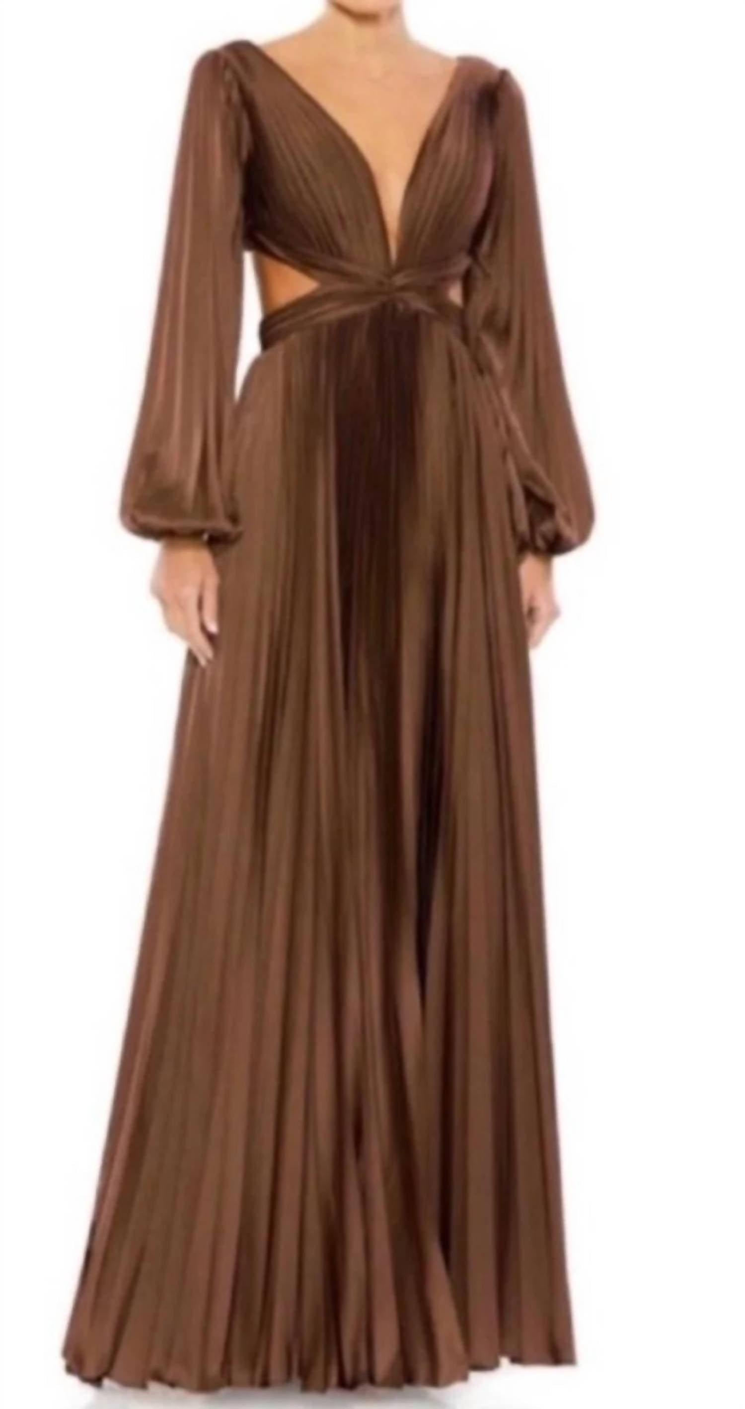 Mac Duggal - Pleated Long Sleeve Charmeuse Cut Out Gown