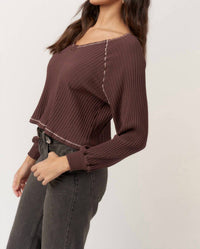 PROJECT SOCIAL T Homebody V-neck Rib Long Sleeve Top in dark mocha - women's long sleeve top - alternate view