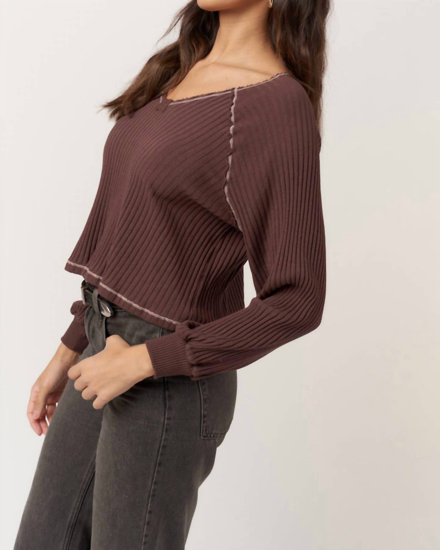 PROJECT SOCIAL T Homebody V-neck Rib Long Sleeve Top in dark mocha - women's long sleeve top - alternate view