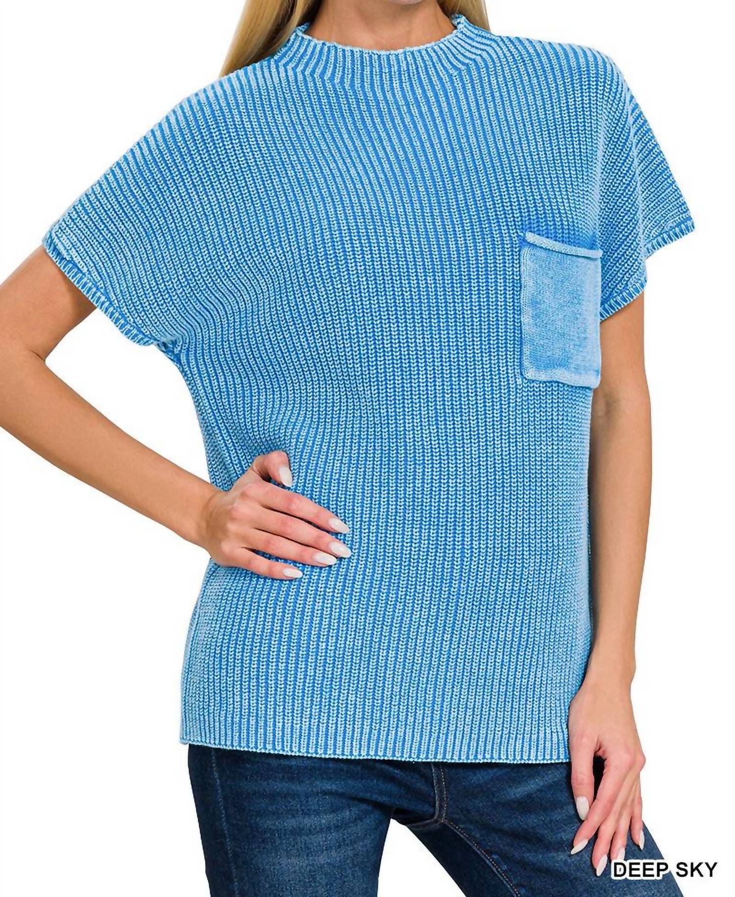 ZENANA Mock Neck Short Sleeve Sweater in deep sky - women's sweater
