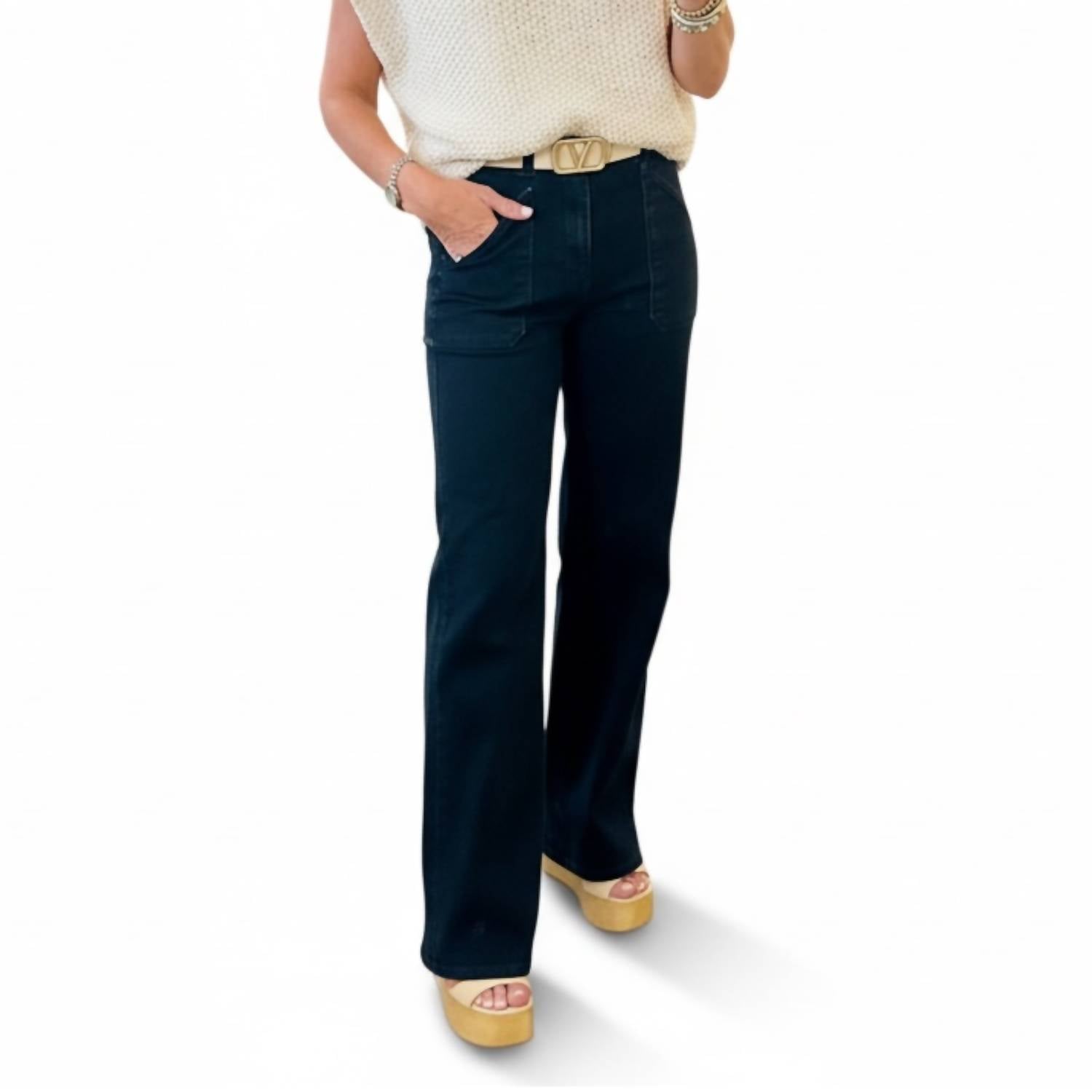 Hoity Toity - Patch Pocket Wide Leg Flare Jeans