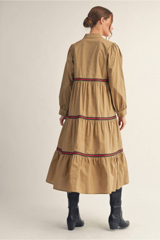Jodifl - Solid Tiered Accent Trim Midi Dress