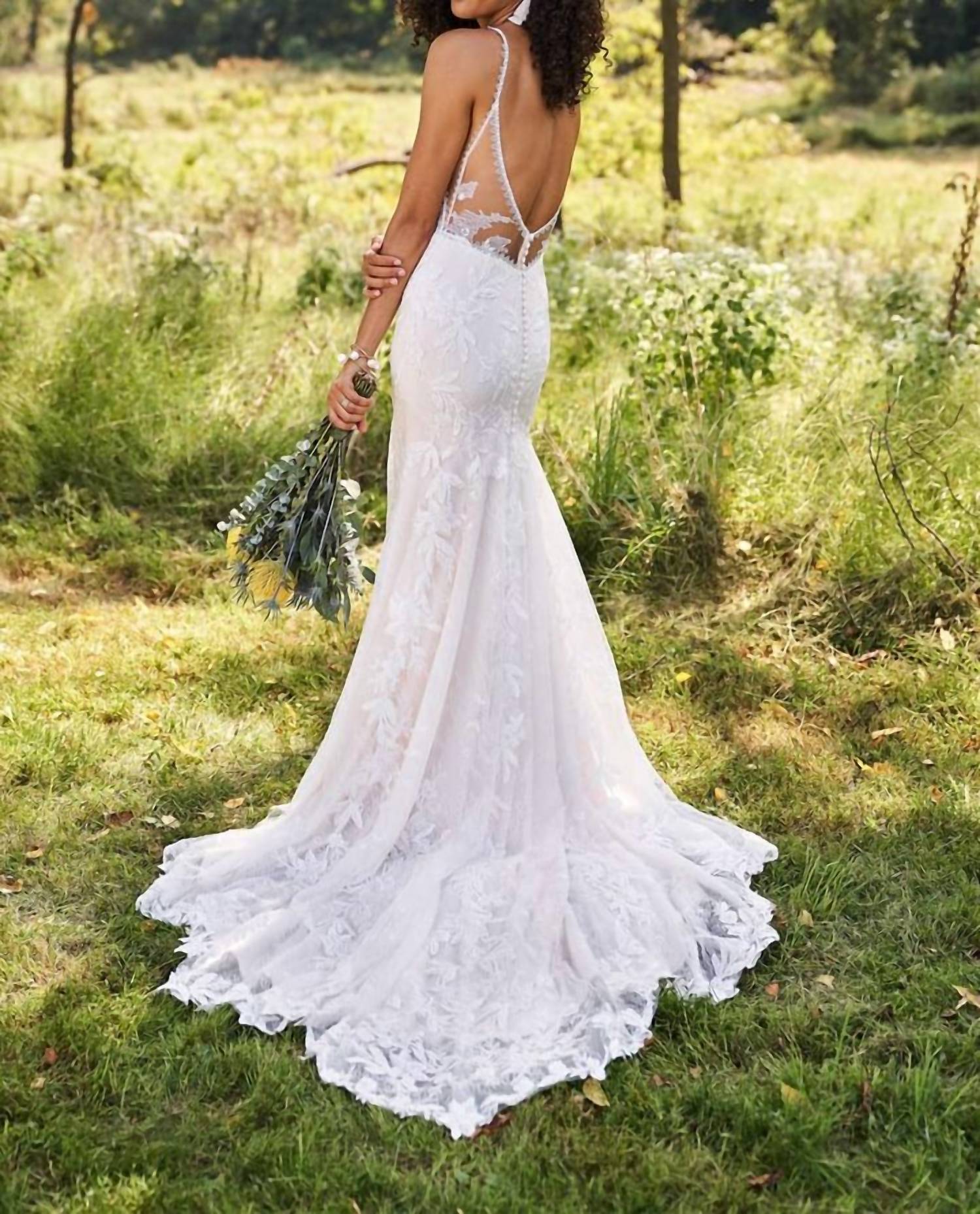 Lillian West Lace Trumpet Gown With Low Back And Scalloped Chapel Length Train in ivory ivory nude - women's dress - detail view