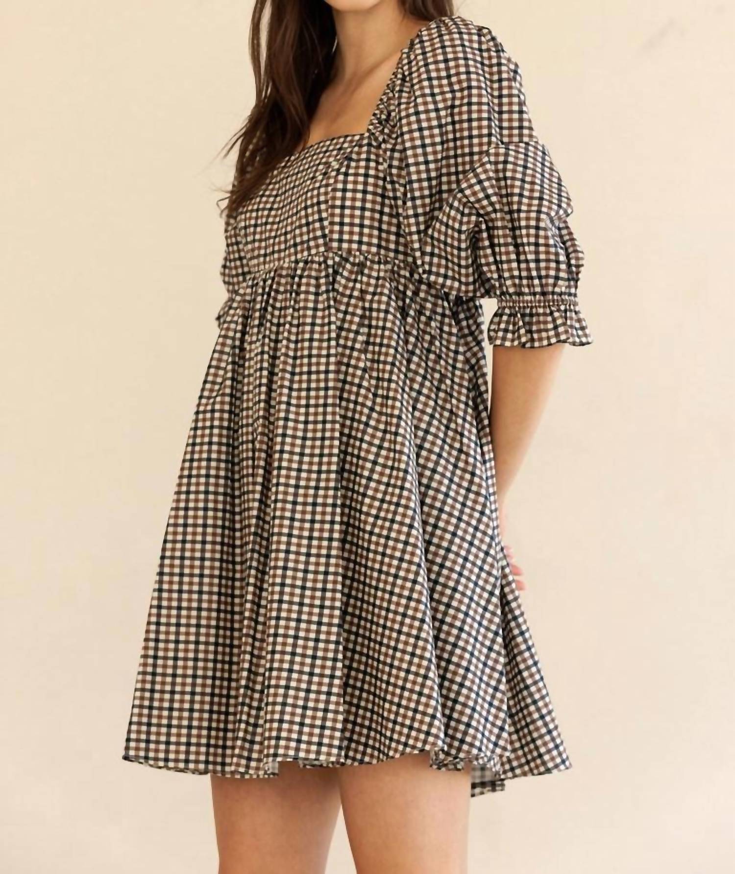 STORIA Florence Mini Dress in navy brown gingham - women's dress - detail view