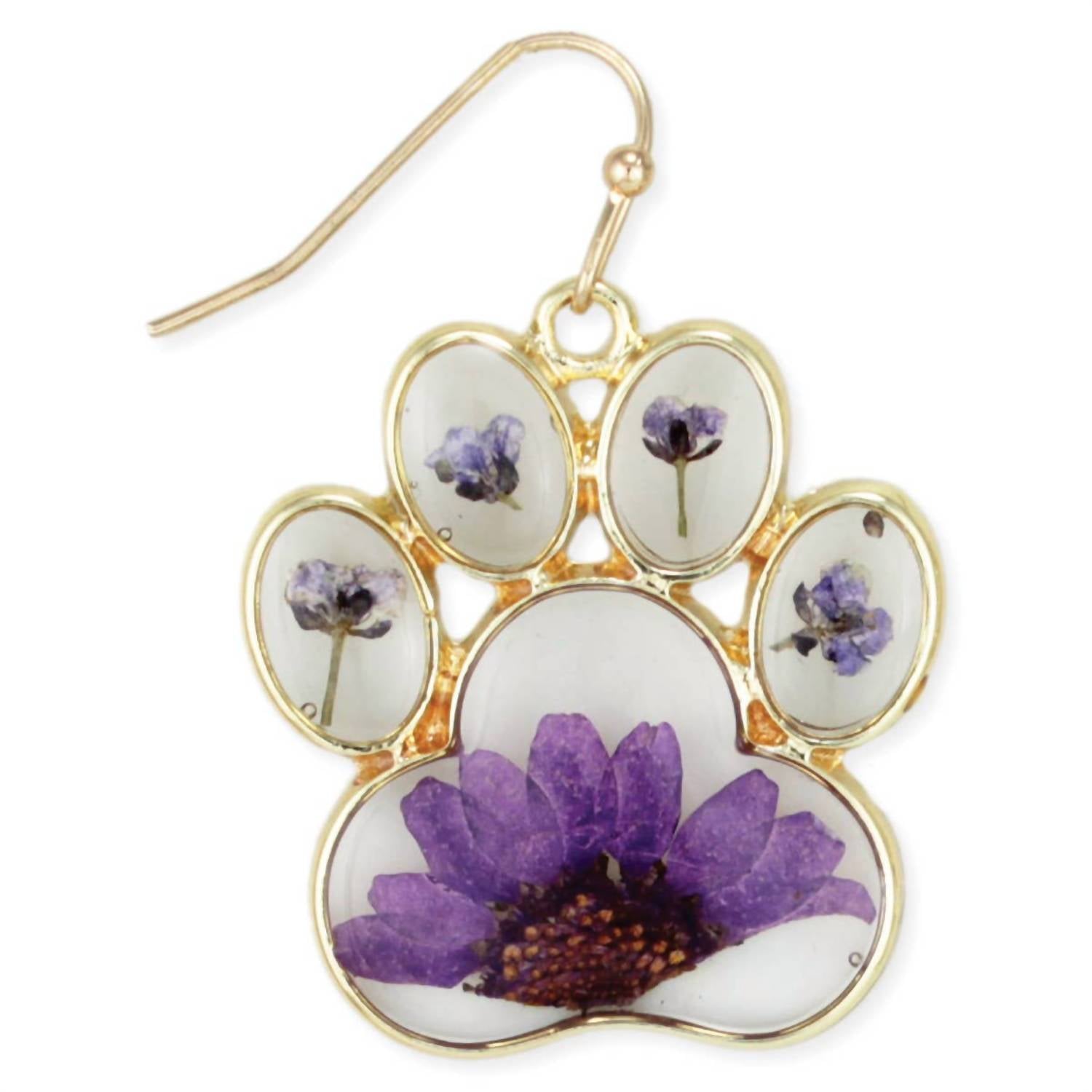 ZAD Women's Dried Flower Paw Print Dangle Earrings in purple - women's jewelry - detail view