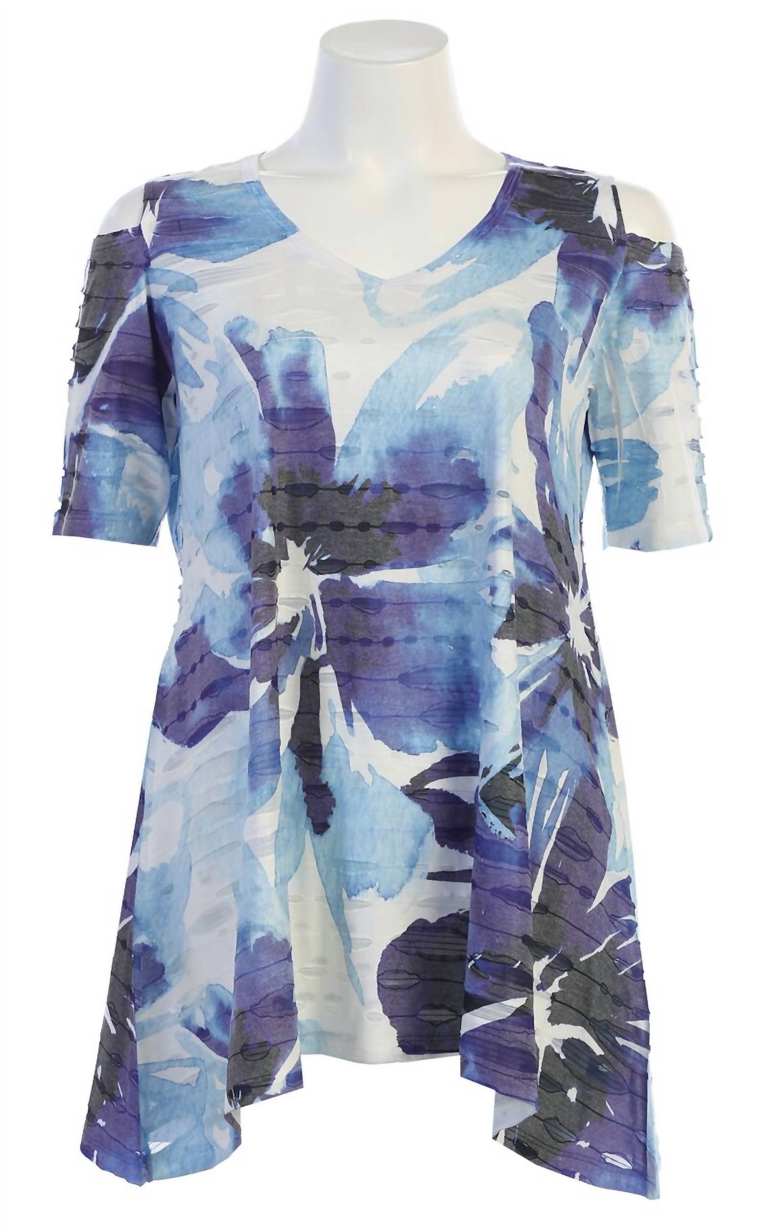 Jess & Jane Women's Tahoe Double Knit Cold Shoulder Top in blue violet abstract floral - women's blouse