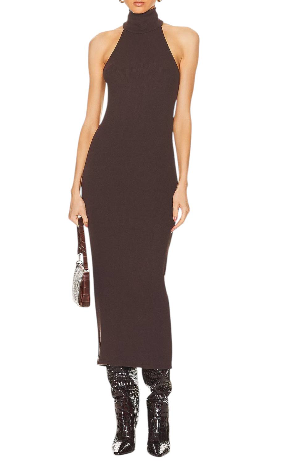 Enza Costa Knit Halter Turtleneck Fluid Dress in bitter brown - women's dress