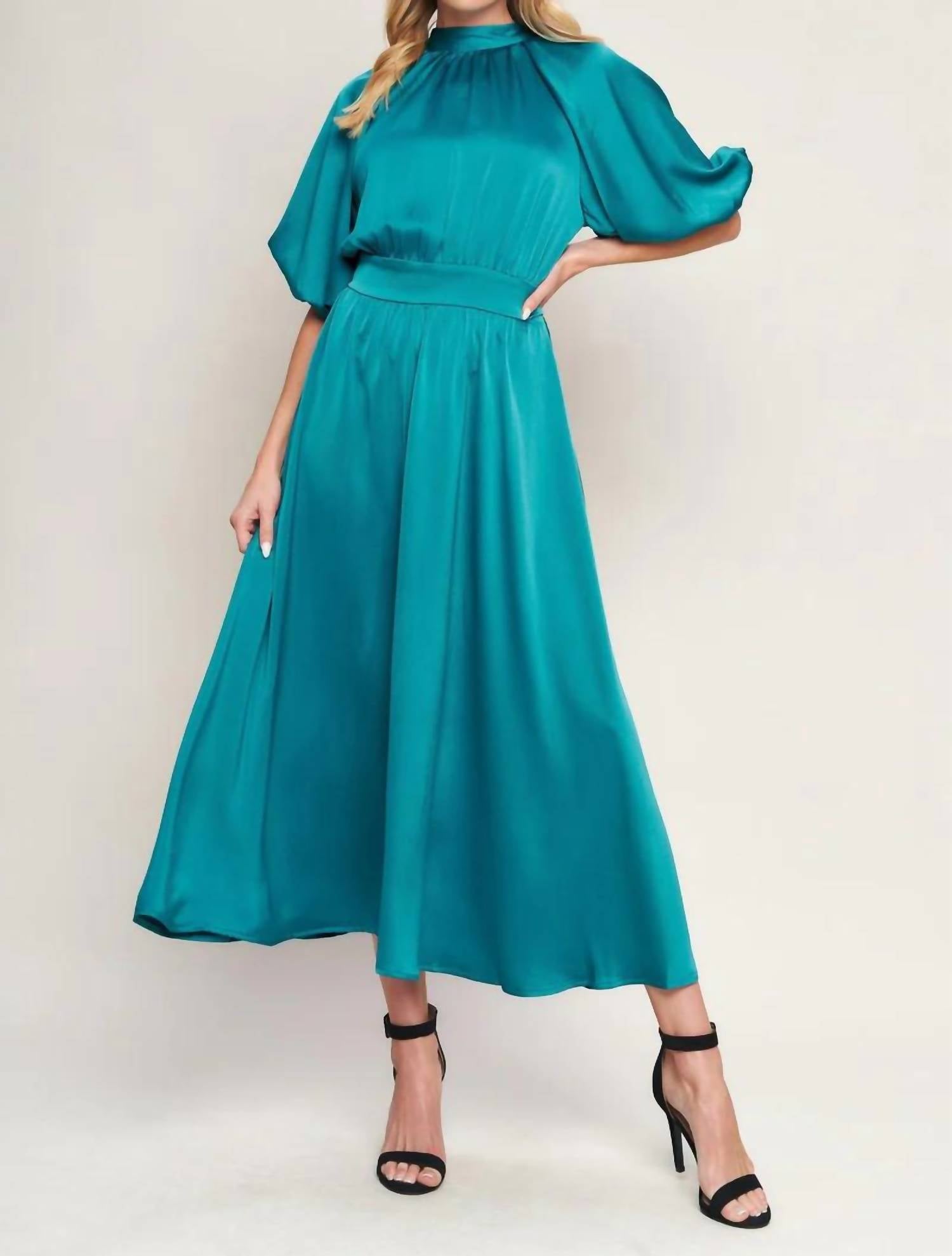 Flying Tomato - Mock Neck Bell Sleeve Satin Effect Midi Dress