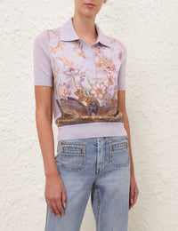 Zimmermann Luna Printed Silk Polo Top in lilac print - women's t-shirt