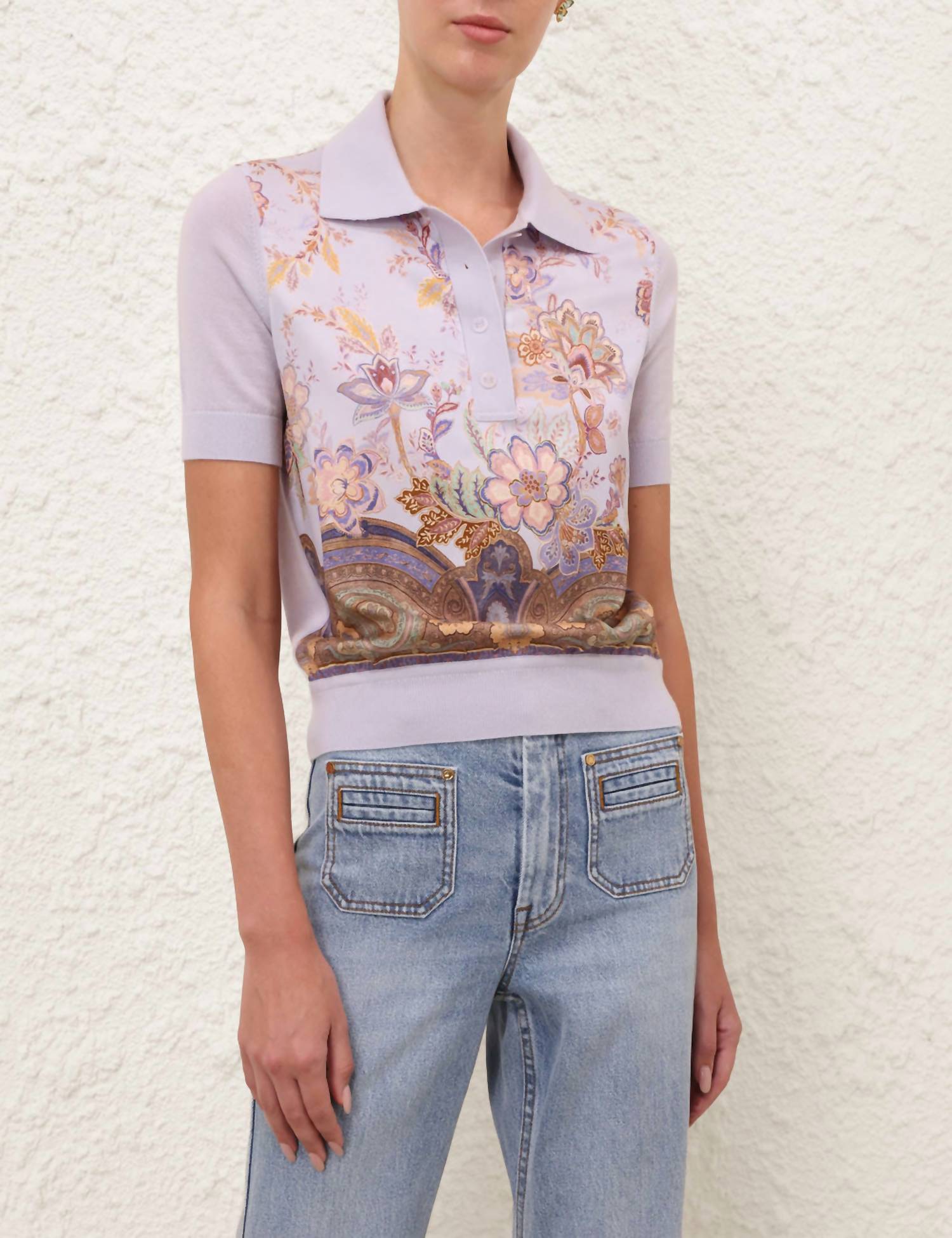 Zimmermann Luna Printed Silk Polo Top in lilac print - women's t-shirt