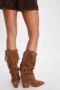 Free People Faith Fringe Western Boots in fadded saddle suade - women's shoe - detail view