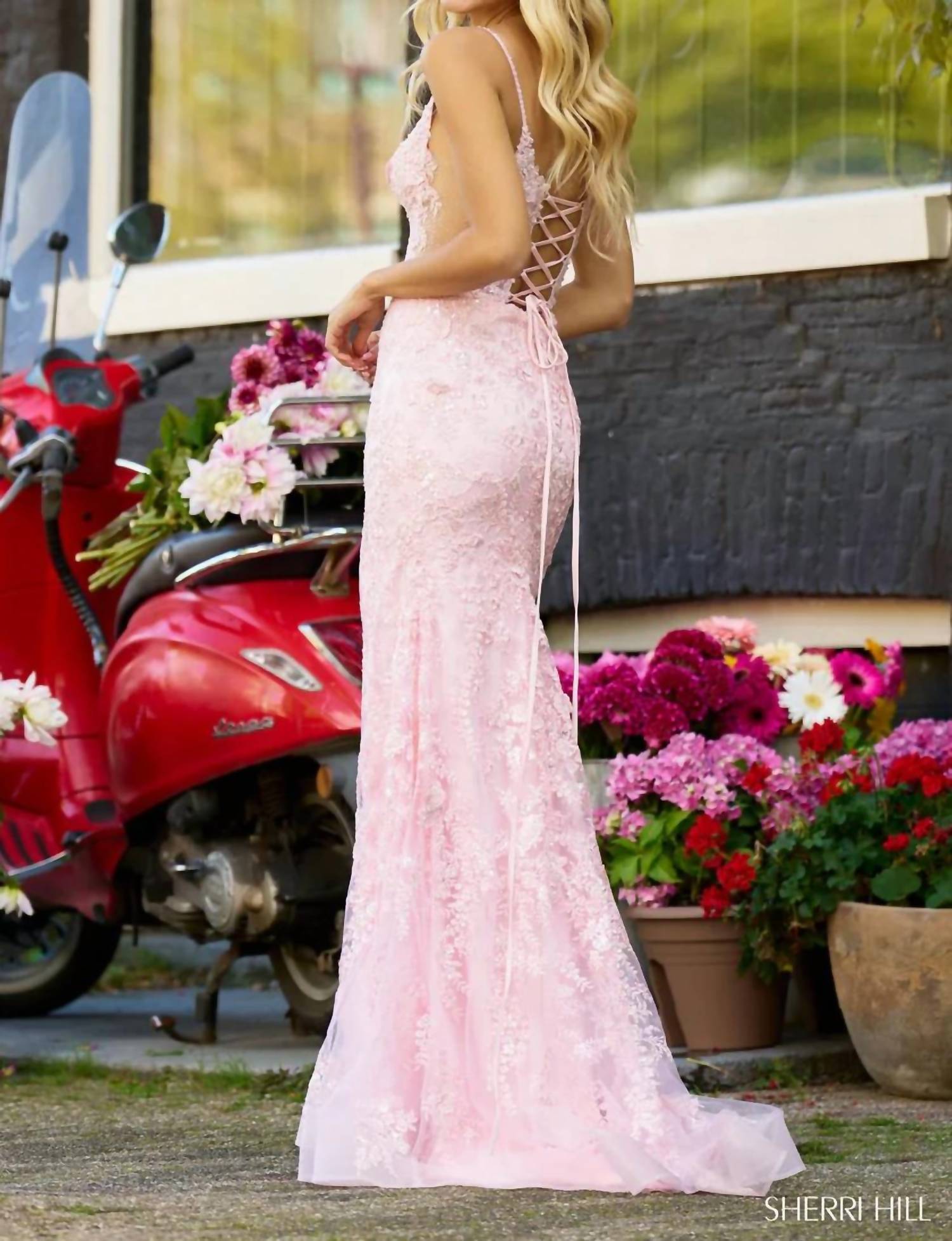 Sherri Hill - Fitted Lace Gown With Sheer Corset Bodice