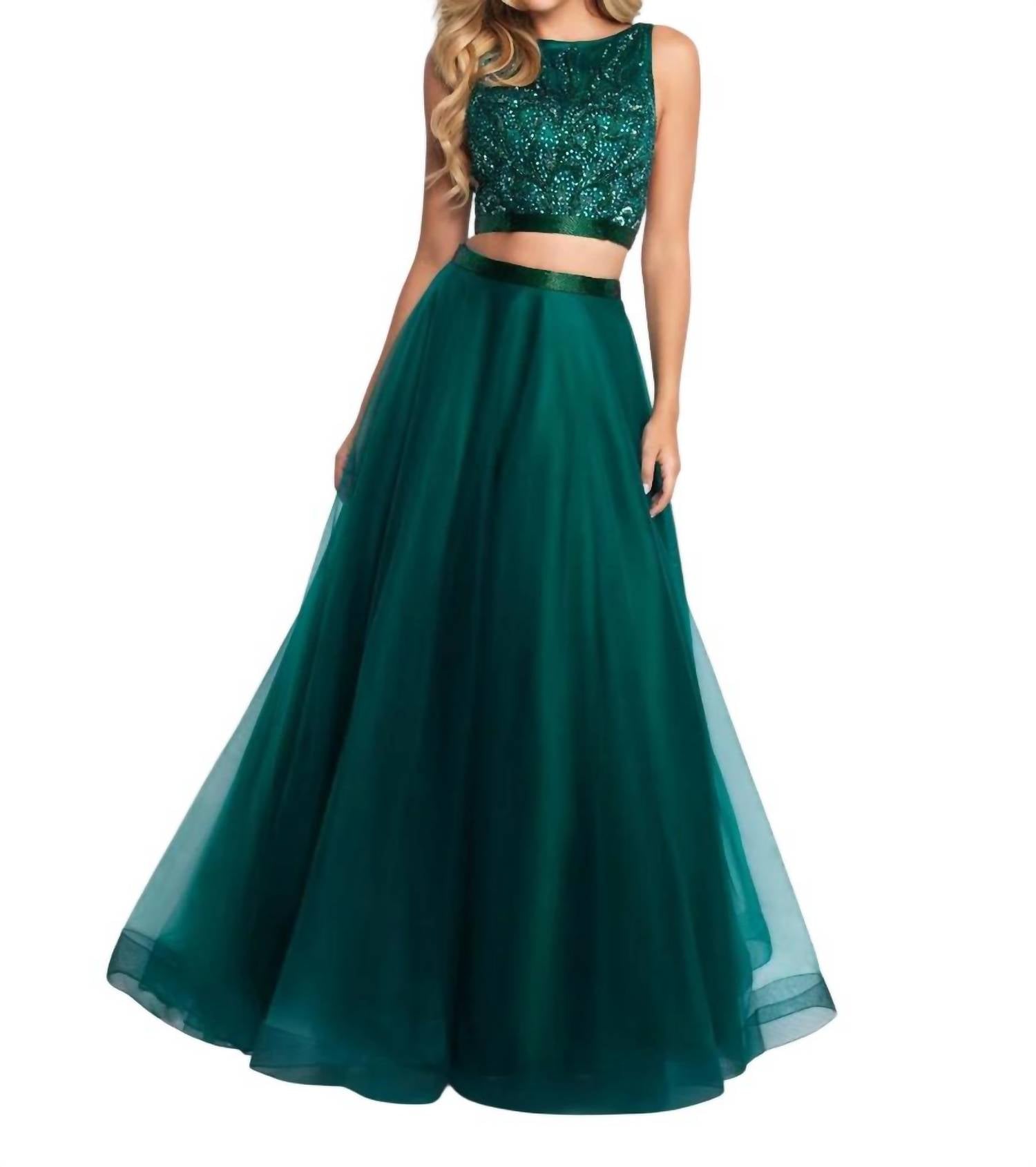 Blush Prom - Hand Beaded Boatneck Tulle Two Piece Gown