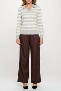 Renee C - Striped Knit Polo Collar neck Long Sleeve sweater