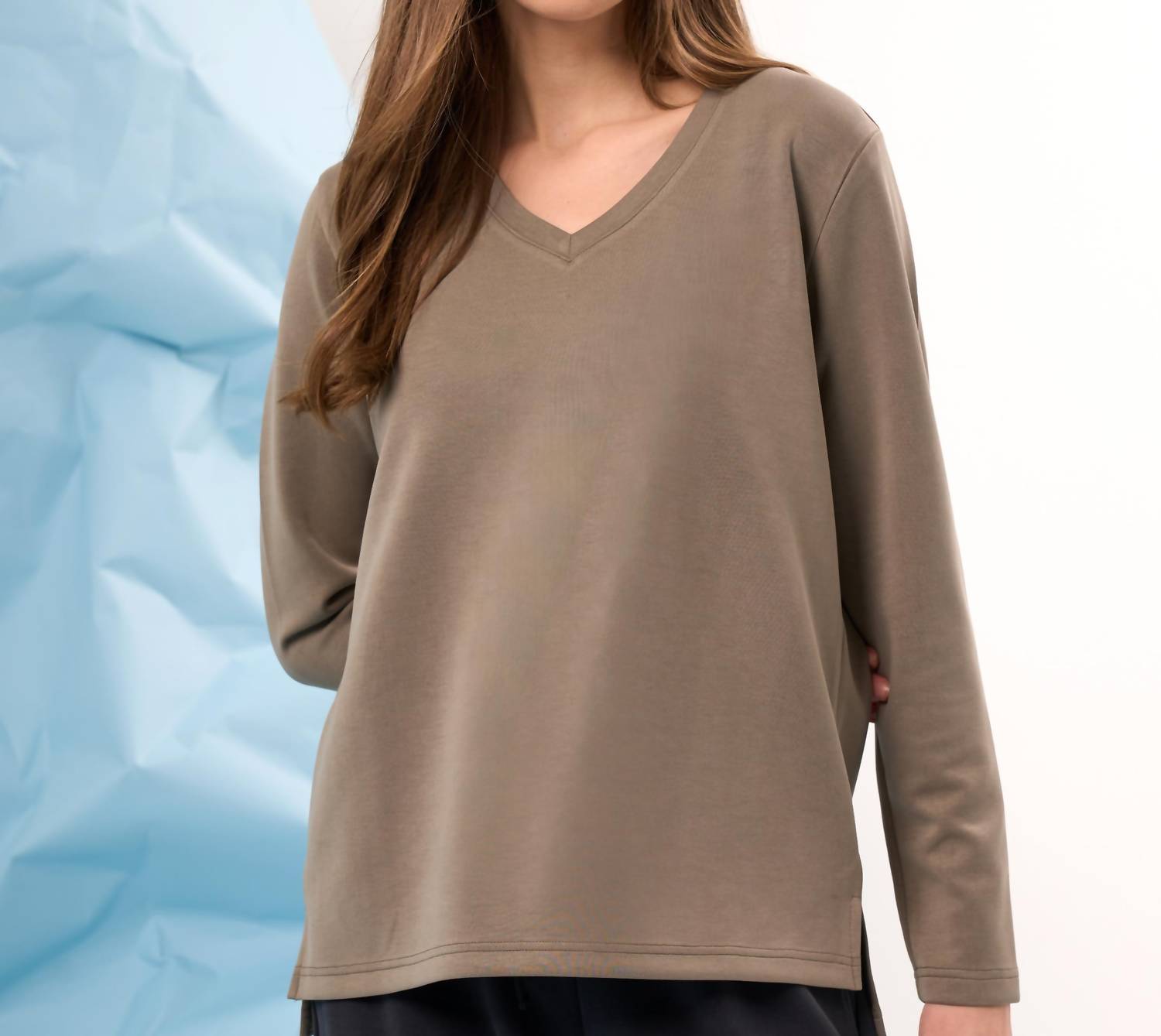 french kyss Solid V-neck Top in army - women's long sleeve top