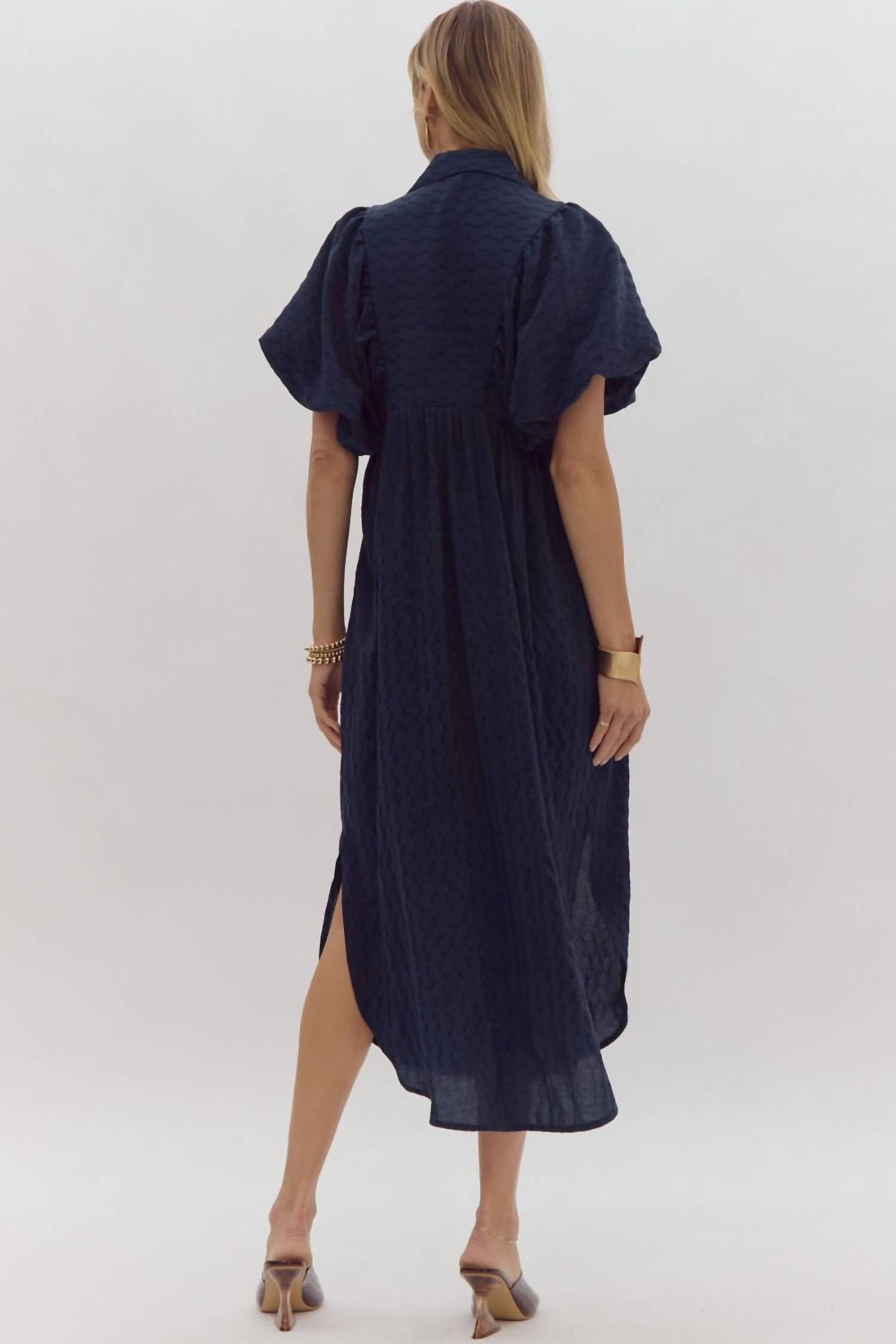 Entro - Textured Puff Sleeve Midi Dress