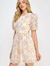 Rubienn - Floral Print Eyelet Short Dress