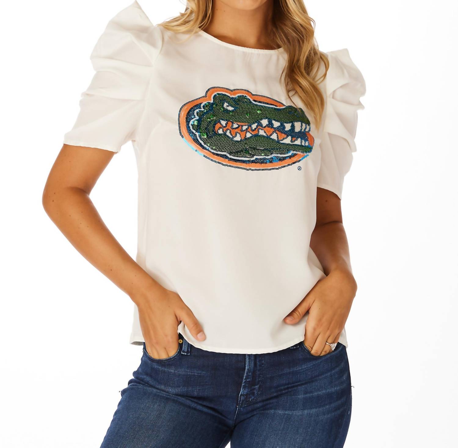STEWART SIMMONS Florida Sequin Puff Sleeve Shirt in white - women's t-shirt
