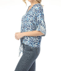Charlie B - Printed Quarter Roll-up Sleeve Front Tie Top