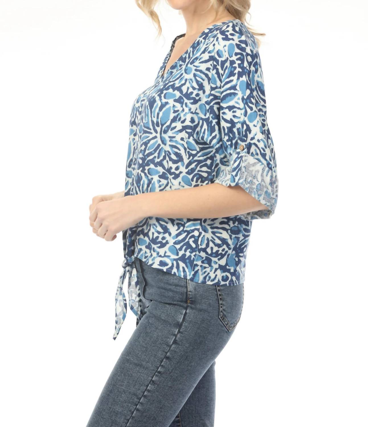 Charlie B - Printed Quarter Roll-up Sleeve Front Tie Top