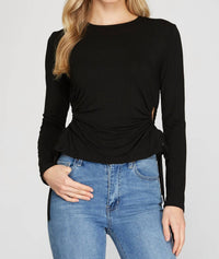 She + Sky - Long Sleeve Side Drawstring Ruched Cutout Knit Top