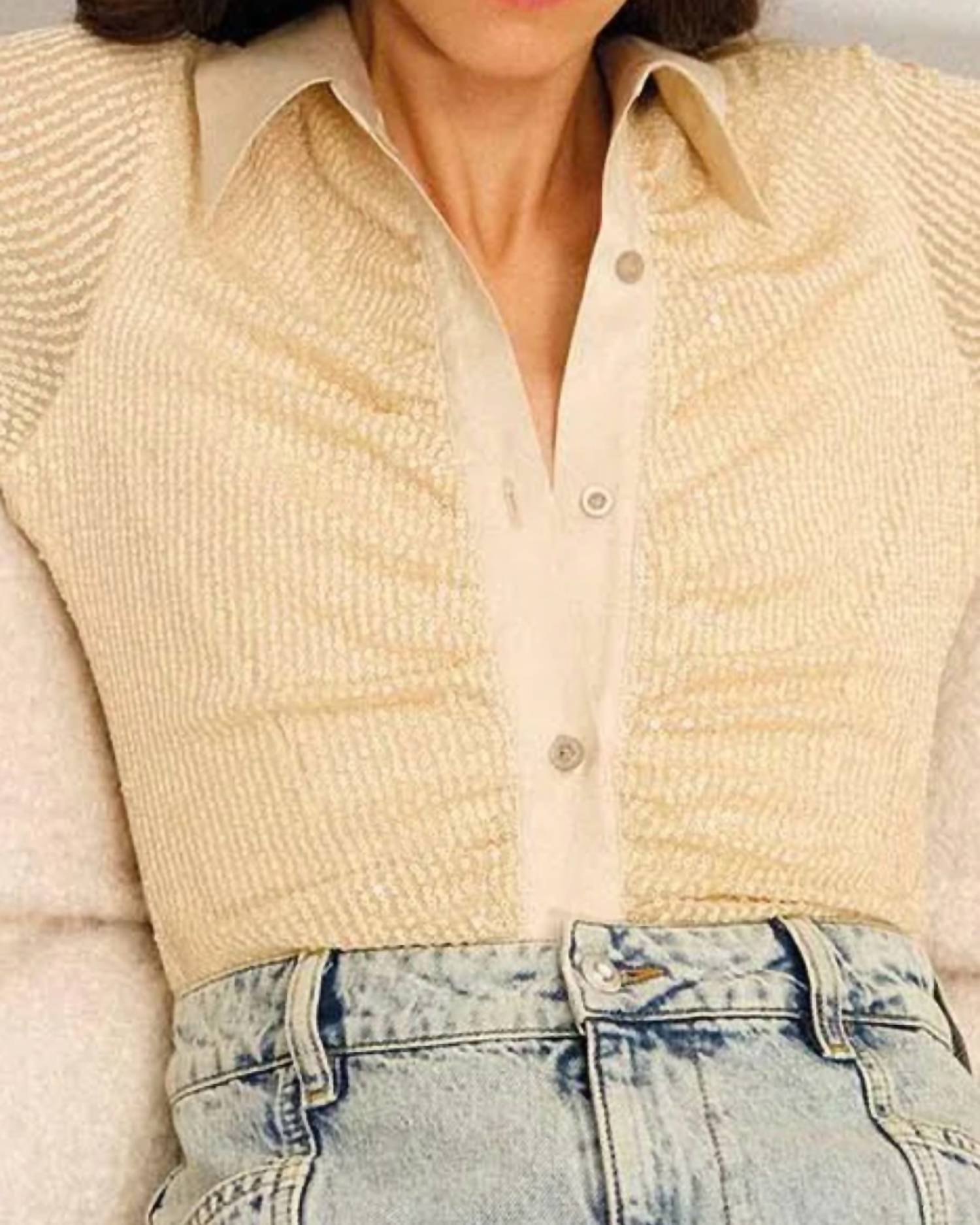 IN THE MOOD FOR LOVE Lina Soft Sequin Long Sleeve Bodysuit in vanilla - women's shirt - detail view