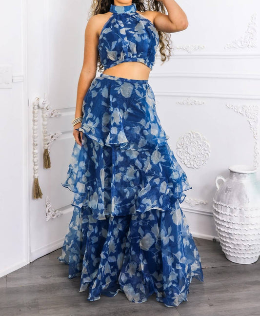 Surelymine - Tiered Ruffle Two-piece Set Halter Crop Top & Maxi Skirt