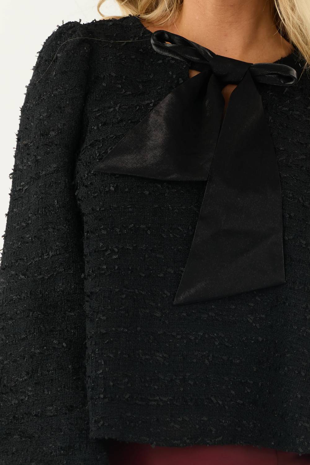ABLE Front Bow Tweed Long Puff Sleeve Top in black - women's blouse - view 5
