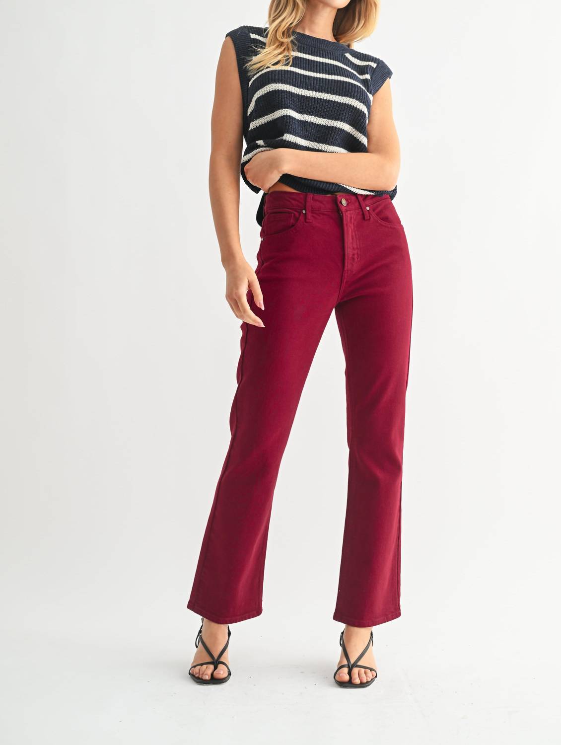 JUST BLACK DENIM High Rise Straight Leg Jeans in maroon - women's jeans