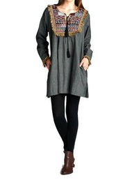 Velzera - Fringe Geometric Chambray Mini Dress