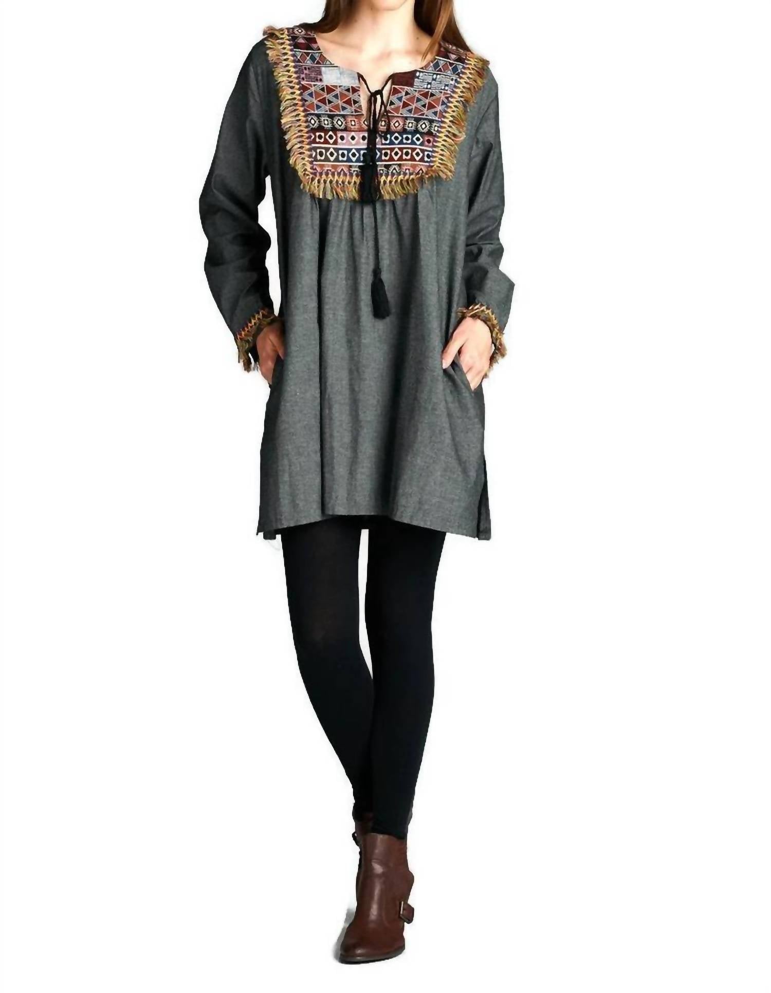 Velzera - Fringe Geometric Chambray Mini Dress