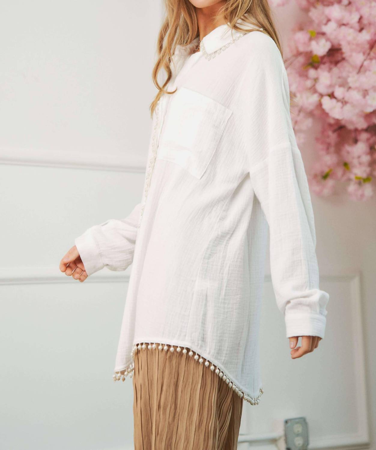 Davi & Dani - Pearl Embellishment Button Front Shirt - Plus