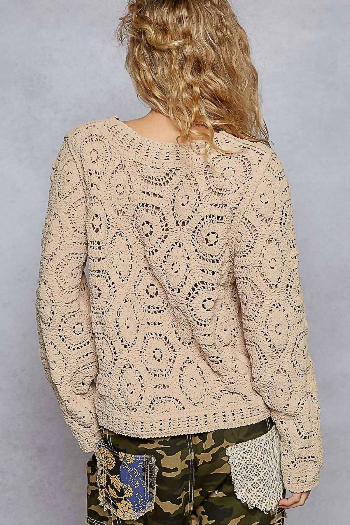 Pol - Round Neck Open Knit Crochet Sweater