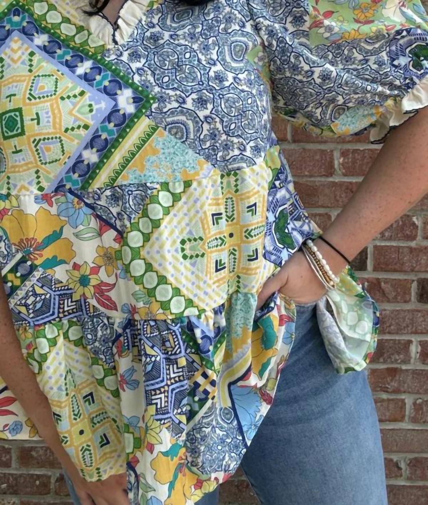Easel - Patchwork Print Top